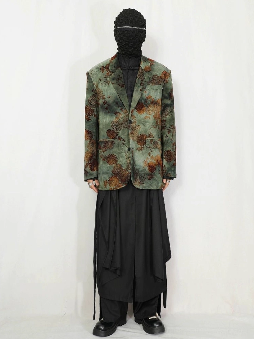 Full body look featuring green floral jacquard oversized vintage blazer with black long skirt and leather shoes