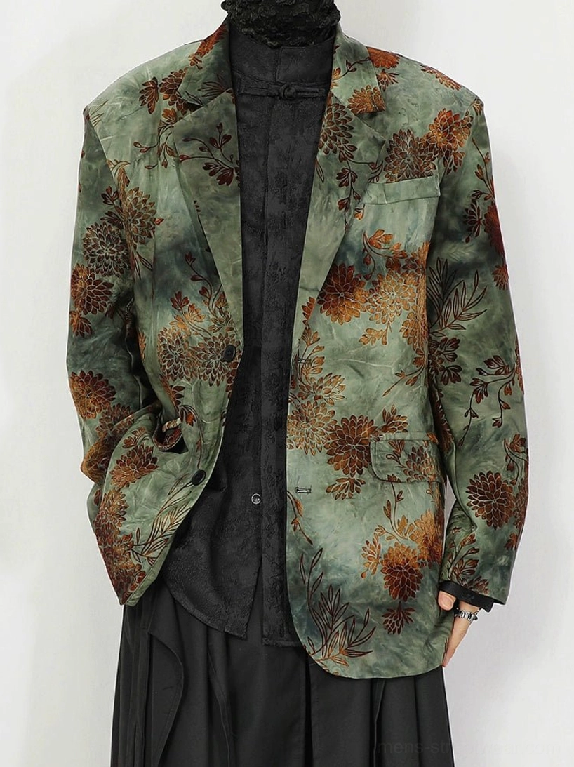 Open green floral jacquard oversized blazer showing vintage botanical pattern and front flap pockets