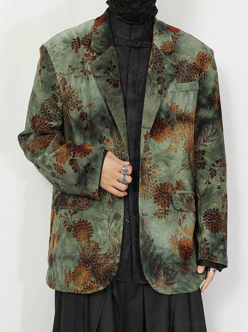 Green floral jacquard oversized vintage blazer with padded shoulders and single-breasted button closure