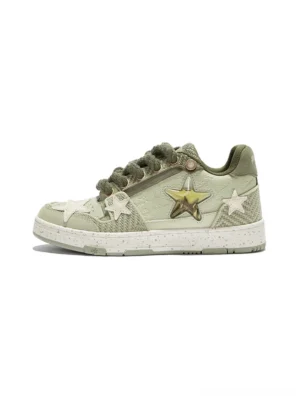 Green Longjing tea star sneakers in olive green and beige with gold and white star appliques, thick rope laces and a speckled rubber outsole