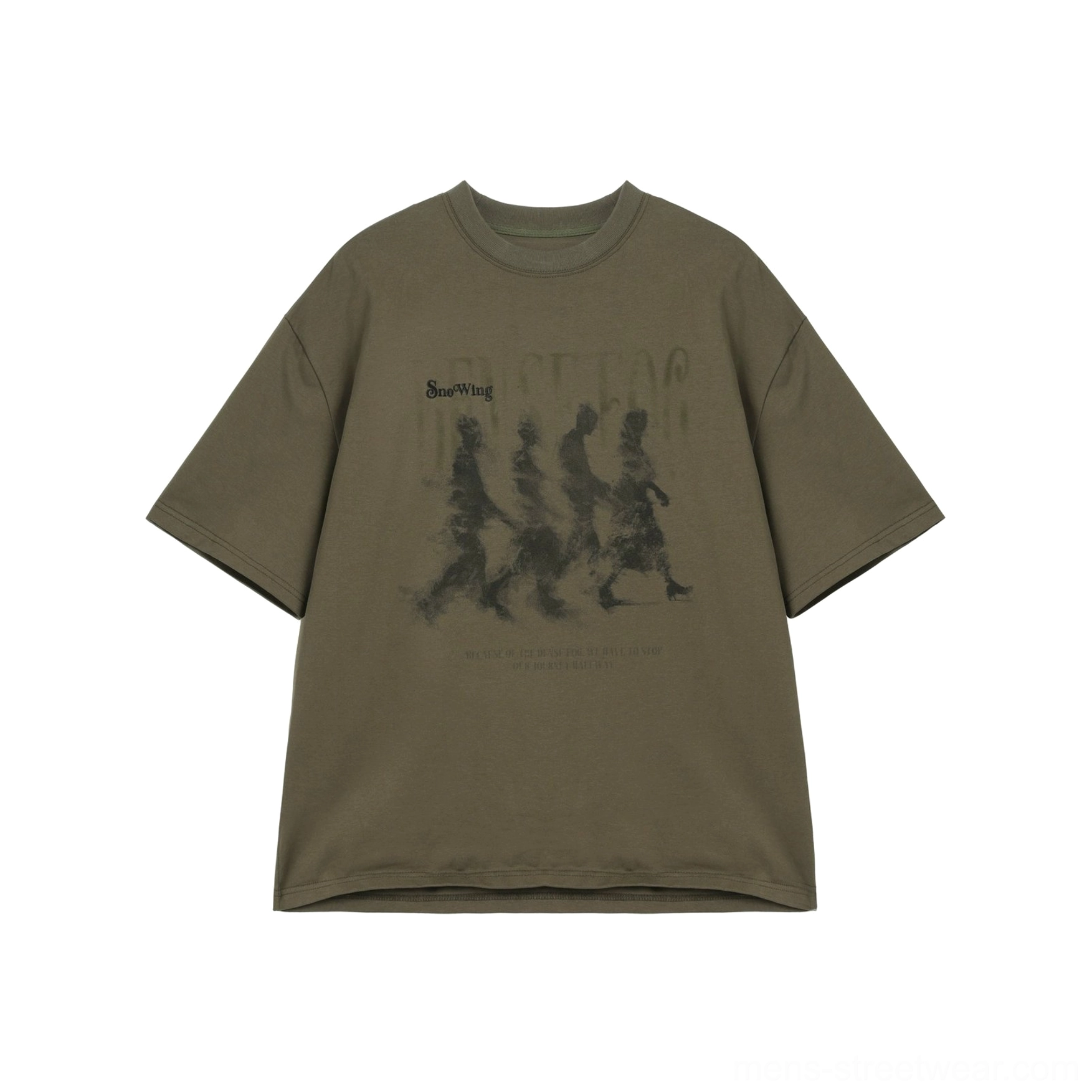Flat lay view of an army green oversized graphic T-shirt with monochrome retro marching artwork, classic crew neck, and relaxed streetwear cut