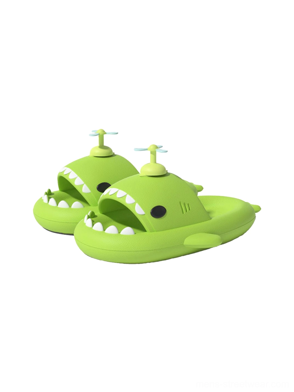 Pair of lime green shark platform slippers with open-mouth design and small propeller antenna decoration