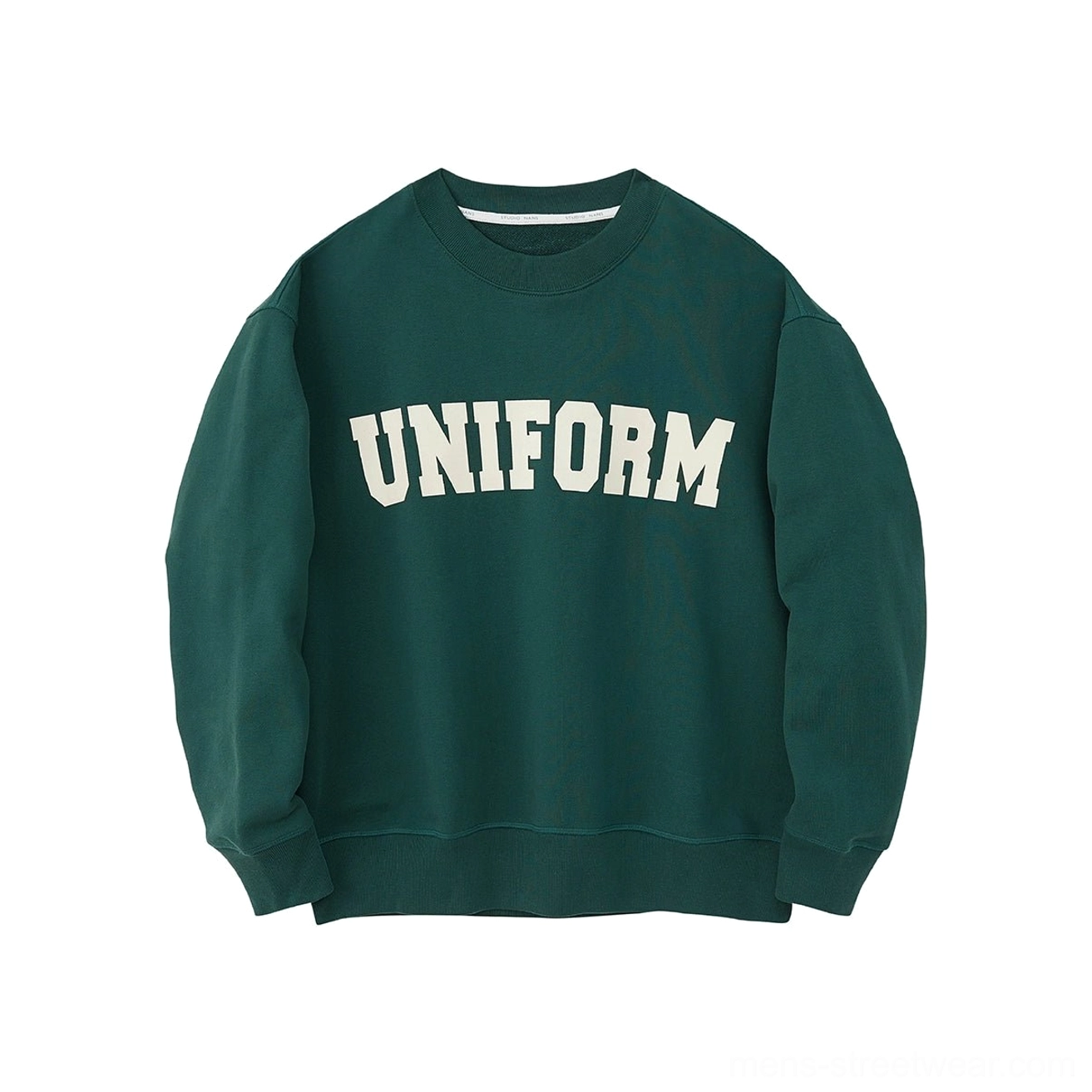 Green UNIFORM graphic crewneck sweatshirt with relaxed dropped shoulders and retro streetwear styling