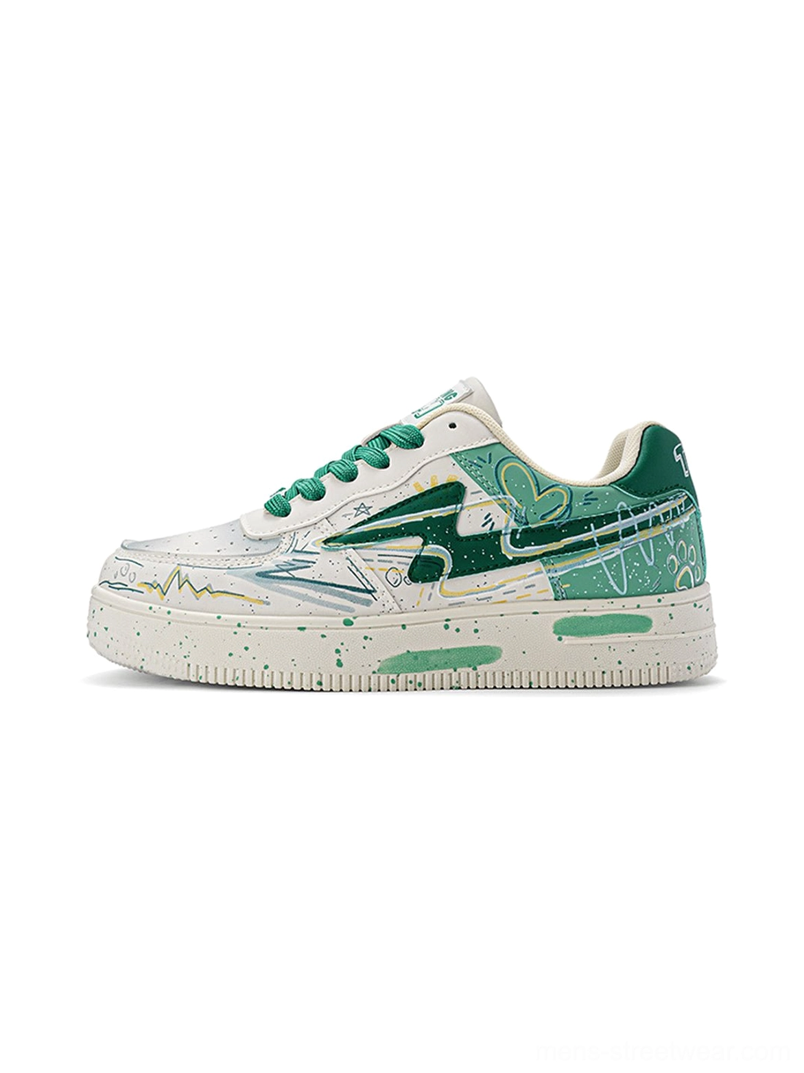 Green and white graffiti lightning low-top court sneakers with matching green laces, printed panels, and a white speckled midsole