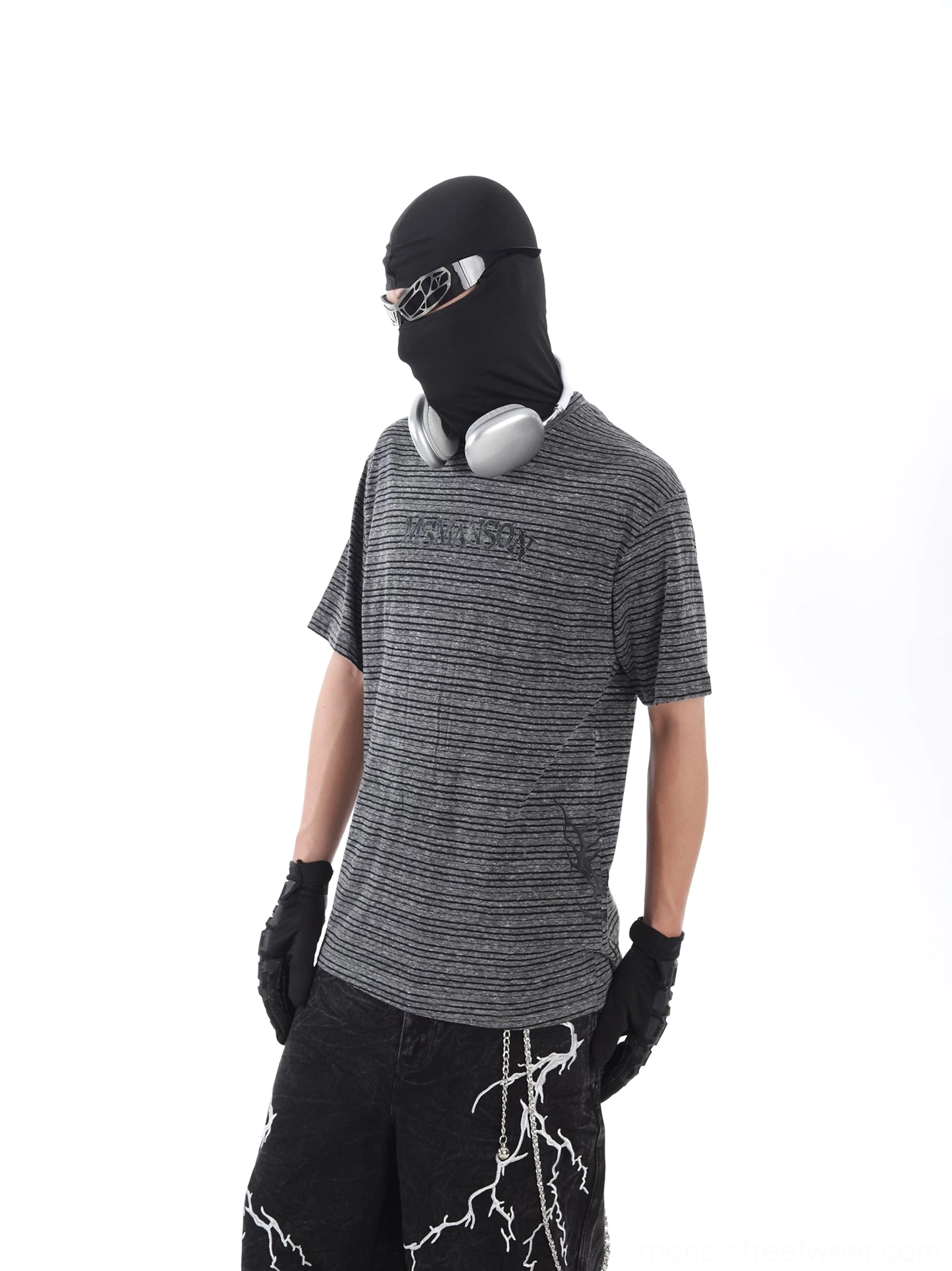 Right side view of a grey and black heathered striped streetwear tee with loose short sleeves and contemporary drop shoulder fit