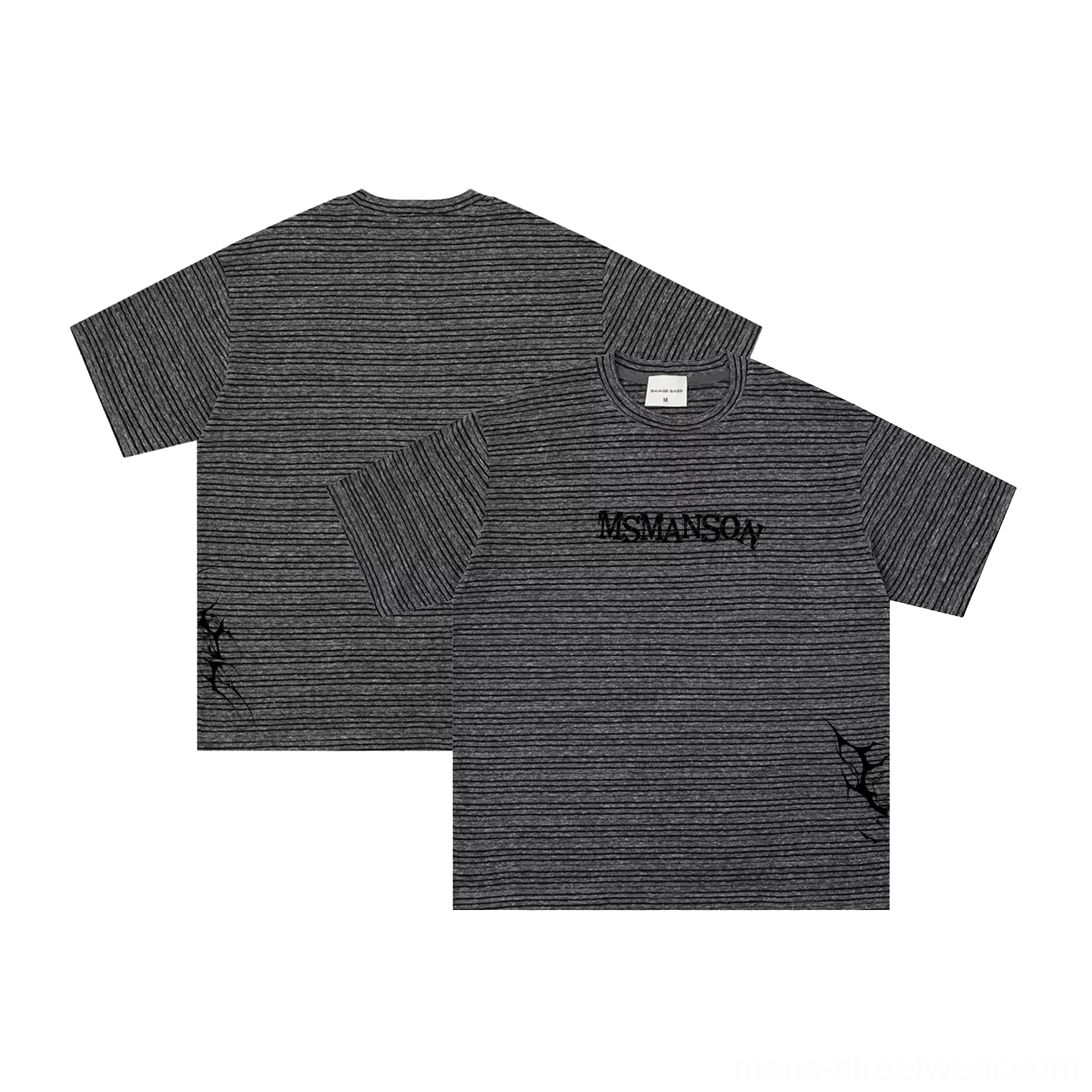 Flat lay front and back view of a grey black striped knit T-shirt with crew neck, chest embroidery, and fractured hem graphic