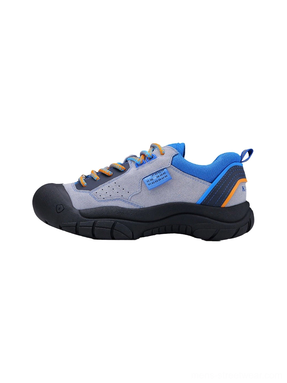 Side view of grey suede texture outdoor trail platform sneakers with bright blue accents orange laces blue heel pull tab and chunky black outsole