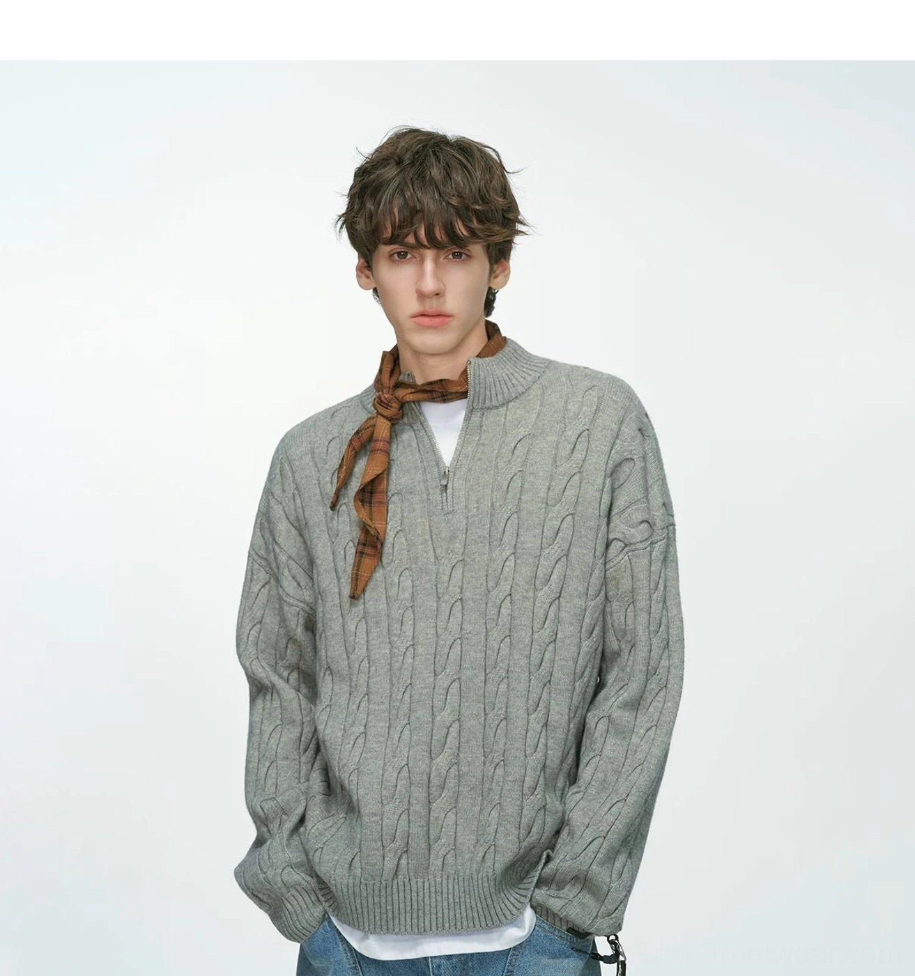 Grey cable-knit mock-neck half-zip sweater styled with a white tee, blue jeans and plaid scarf for Korean streetwear