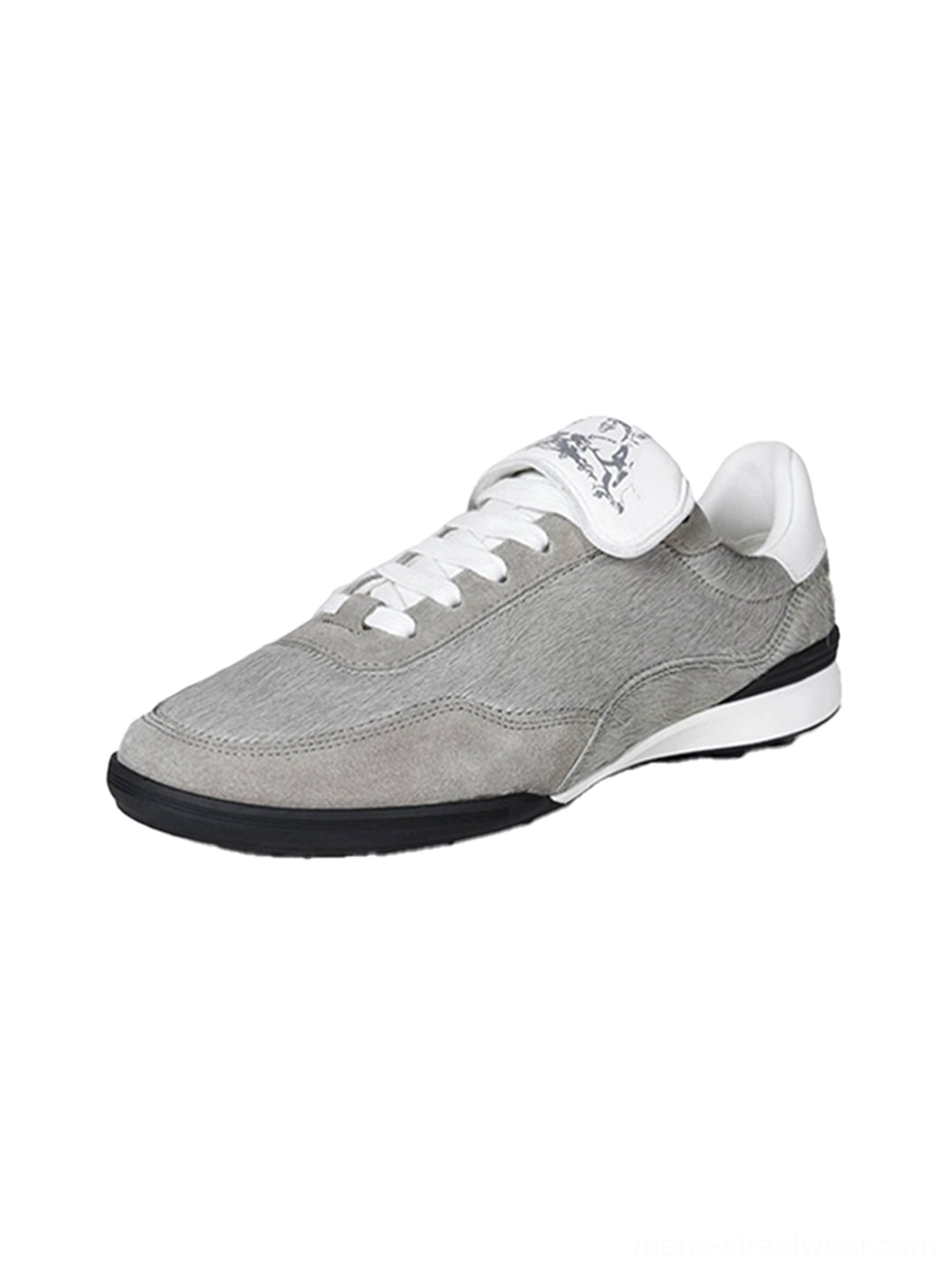 Front right profile of a grey fur-lined platform sneaker with printed white tongue, textured fuzzy upper, white midsole, and black rubber outsole