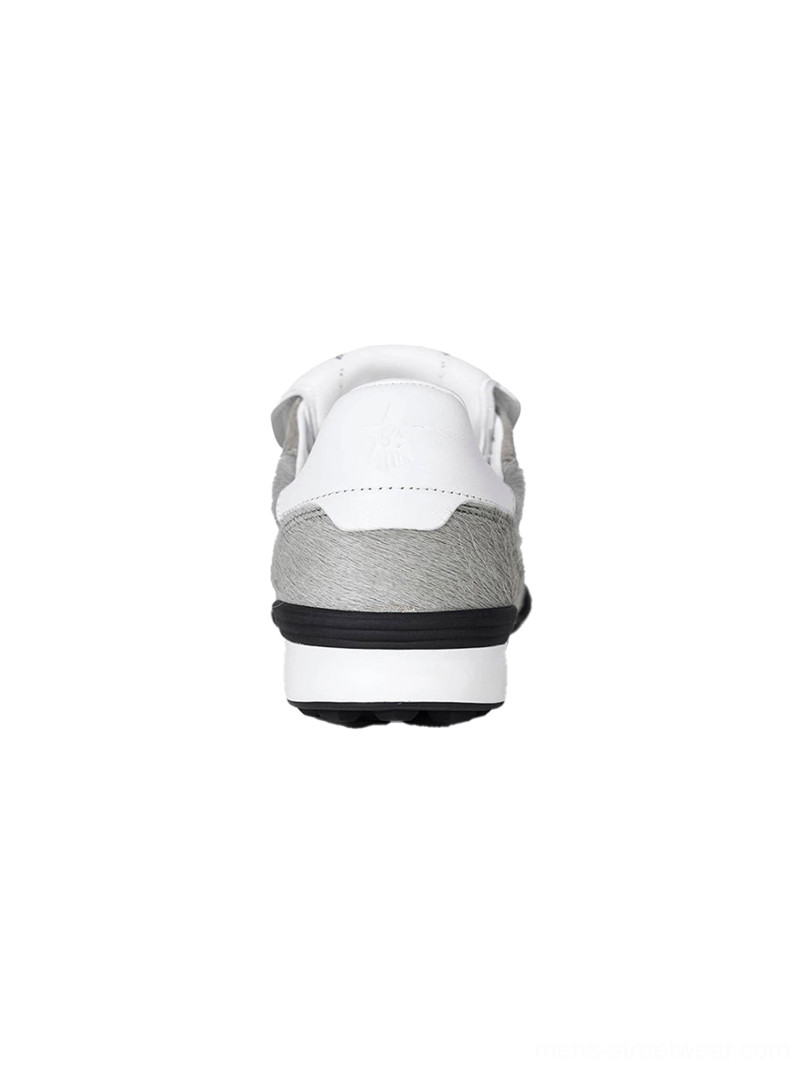 Direct rear view of a grey fur-lined platform sneaker showing the fuzzy body, white leather heel tab, and two-tone black and white platform midsole