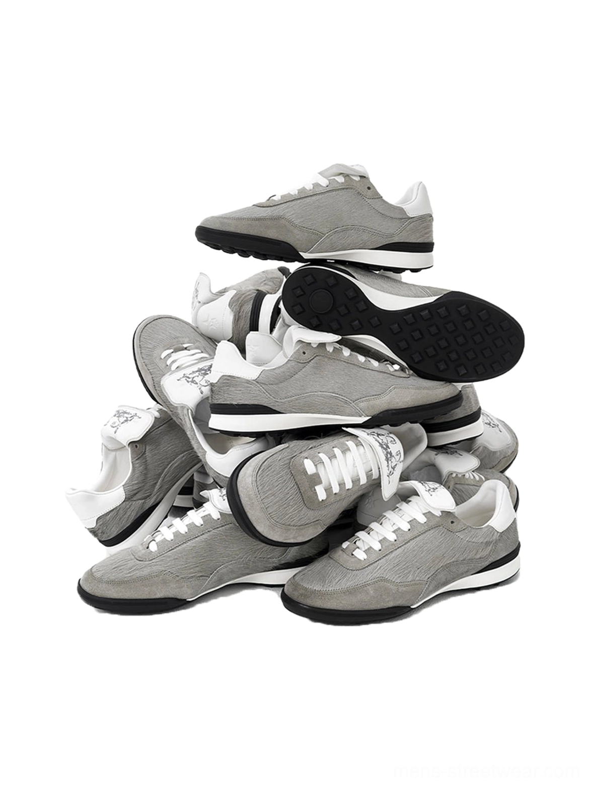 Grey fur-lined platform sneakers for Korean streetwear styling with chunky layered sole, soft textured upper, and contrasting white and black details