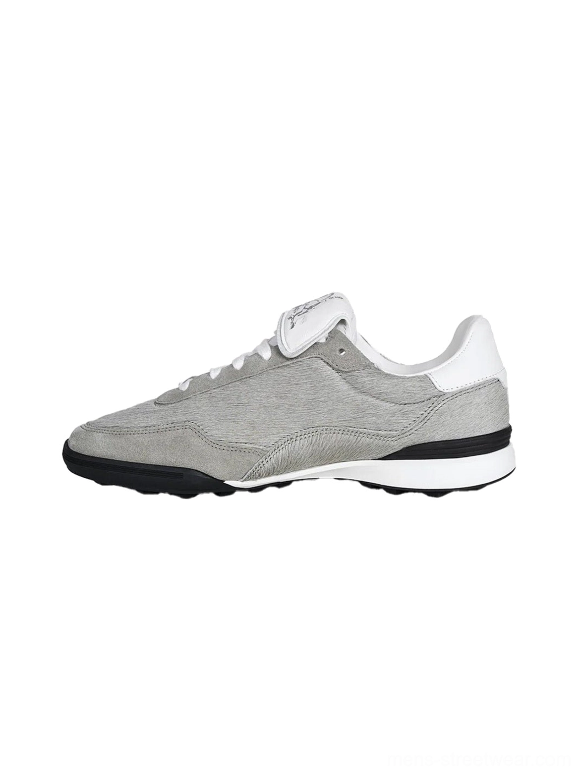 Rear left view of grey fur-lined platform sneakers with fuzzy upper, white leather heel tab, layered white midsole, and black rubber outsole