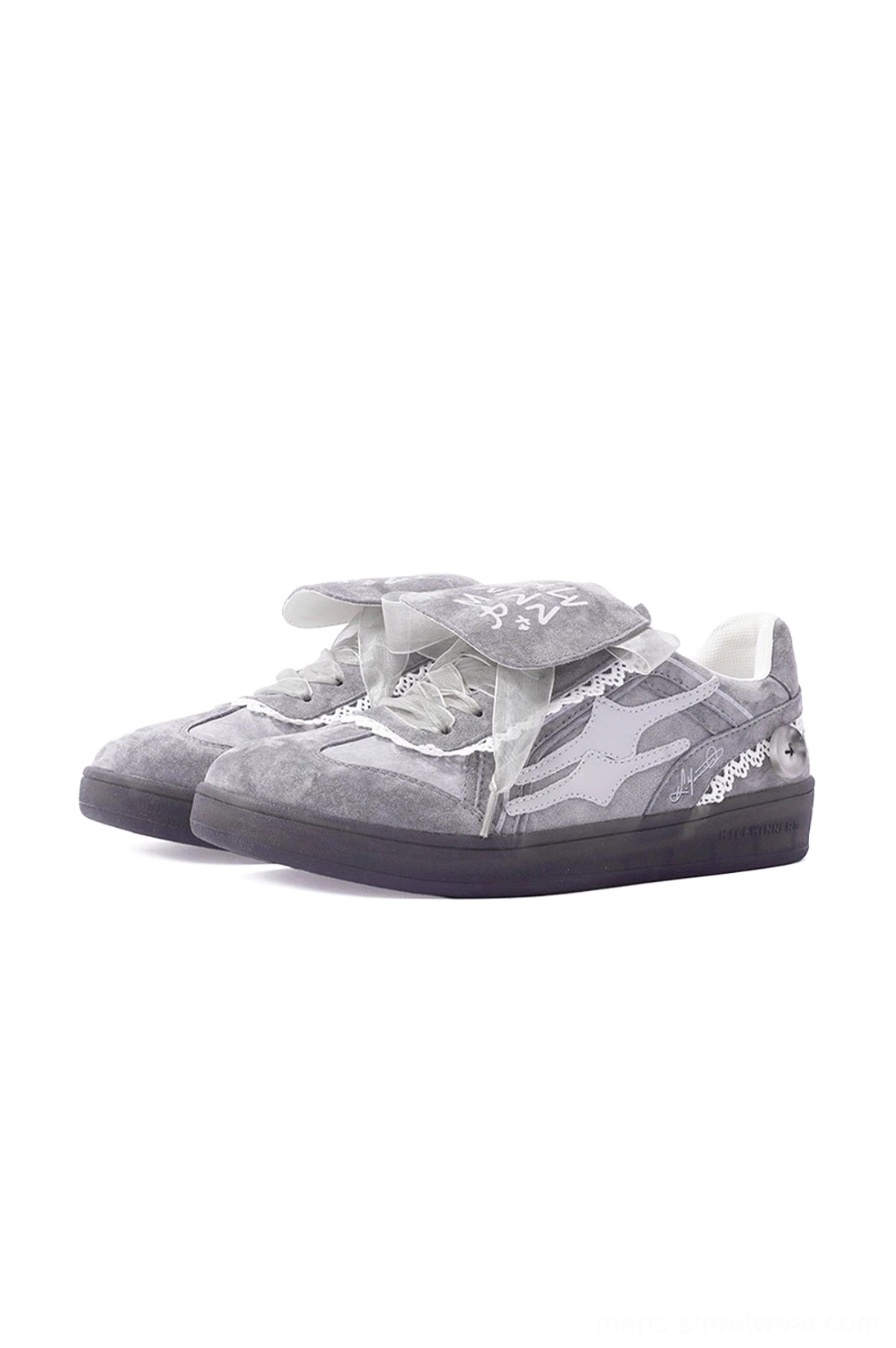 Pair of grey lace-wrapped retro trainer sneakers displayed from the front with dark vintage rubber outsoles