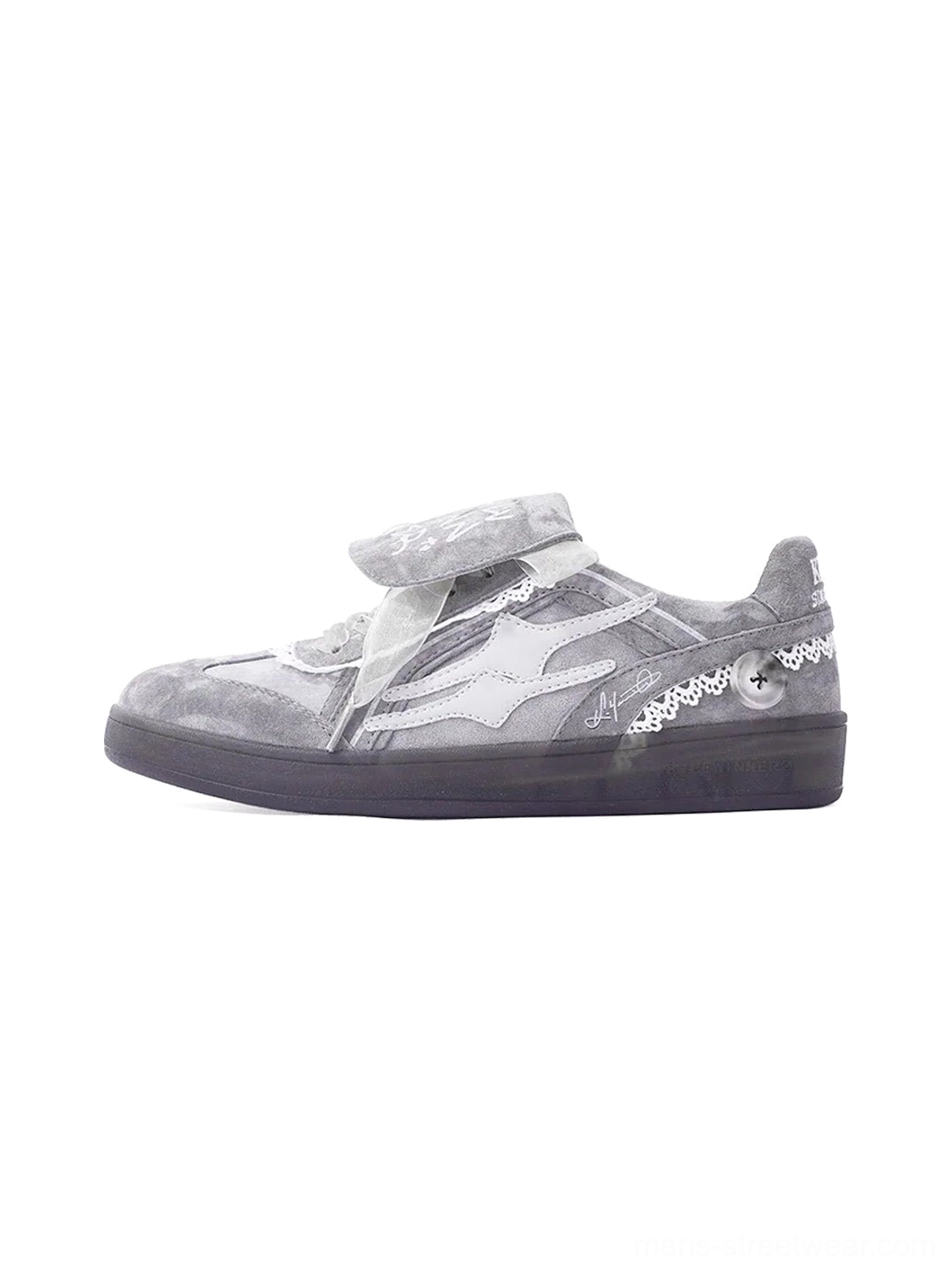 Grey lace-wrapped retro trainer sneakers side profile with washed textured upper, graphic tongue and dark rubber sole