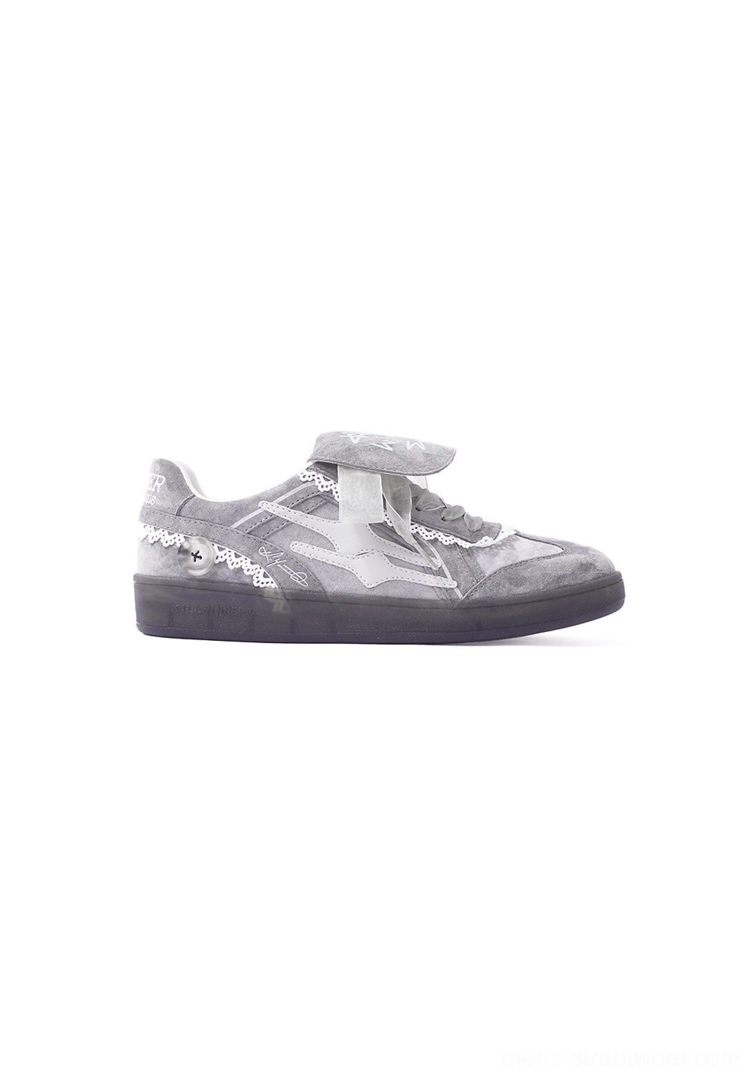 Grey lace-wrapped retro trainer sneaker right side profile showing low-top vintage silhouette and layered overlays