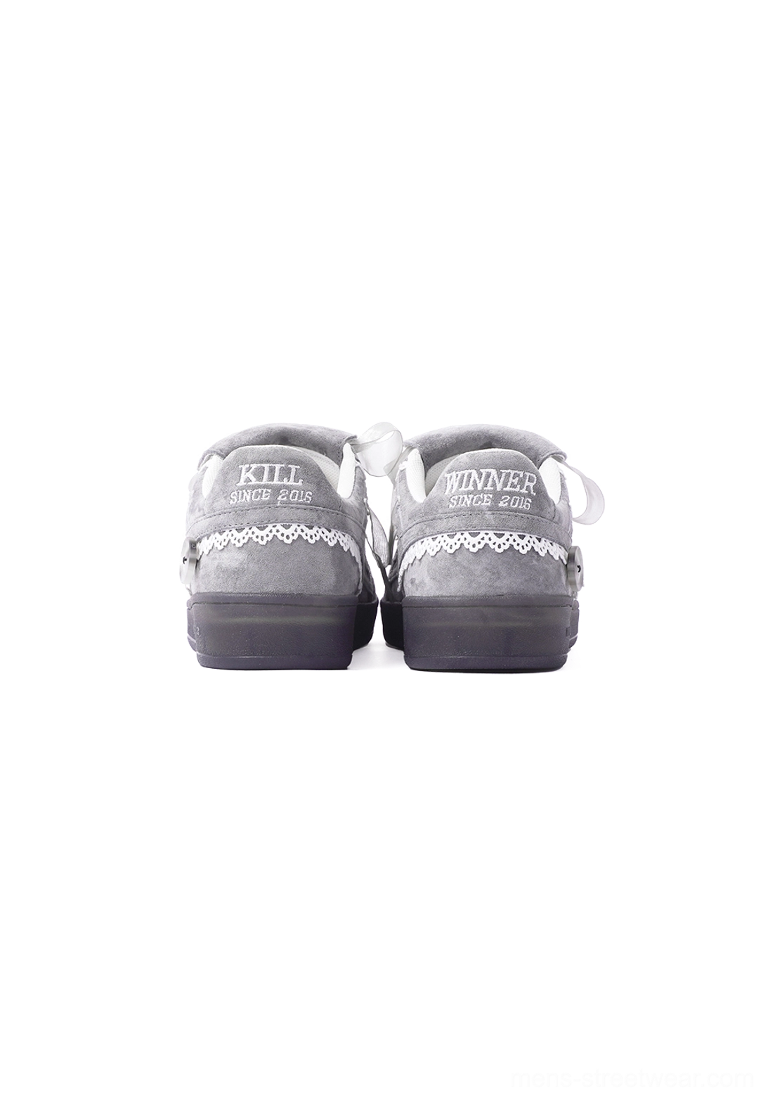 Grey lace-wrapped retro trainer sneakers low-top streetwear footwear with washed textured finish