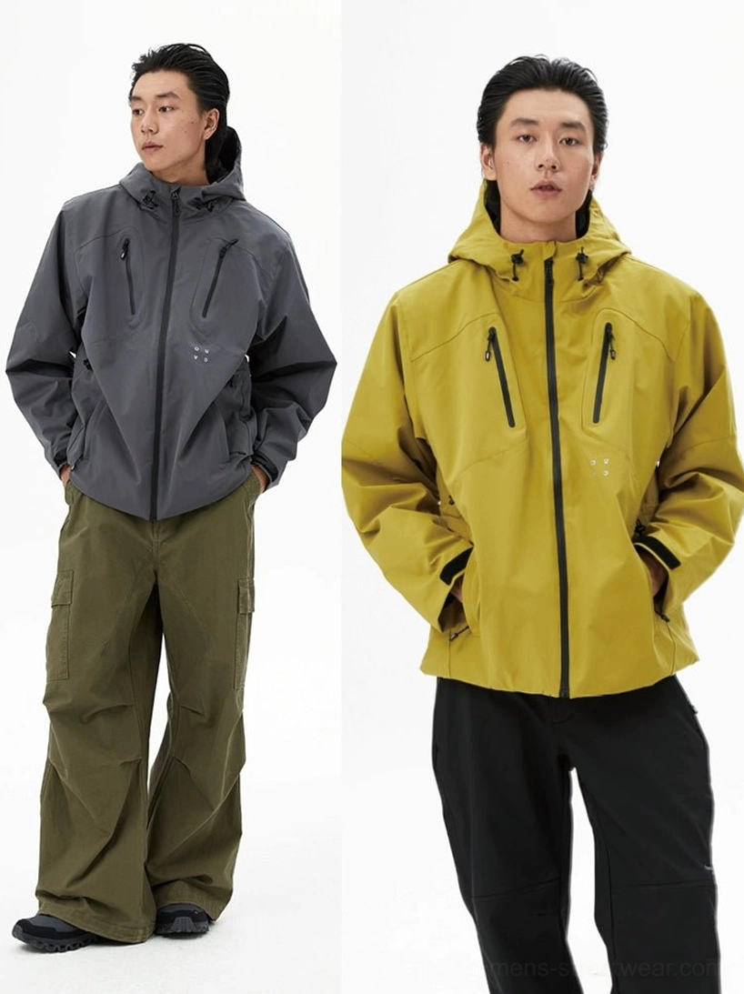 Relaxed-fit hooded outdoor jackets in dark grey and mustard yellow shown on male models with front chest pockets