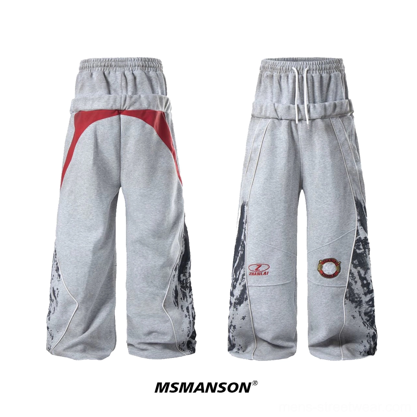 Grey racing graphic panel sweatpants front and back flat lay showing drawstring waist red rear panel and wide-leg fit