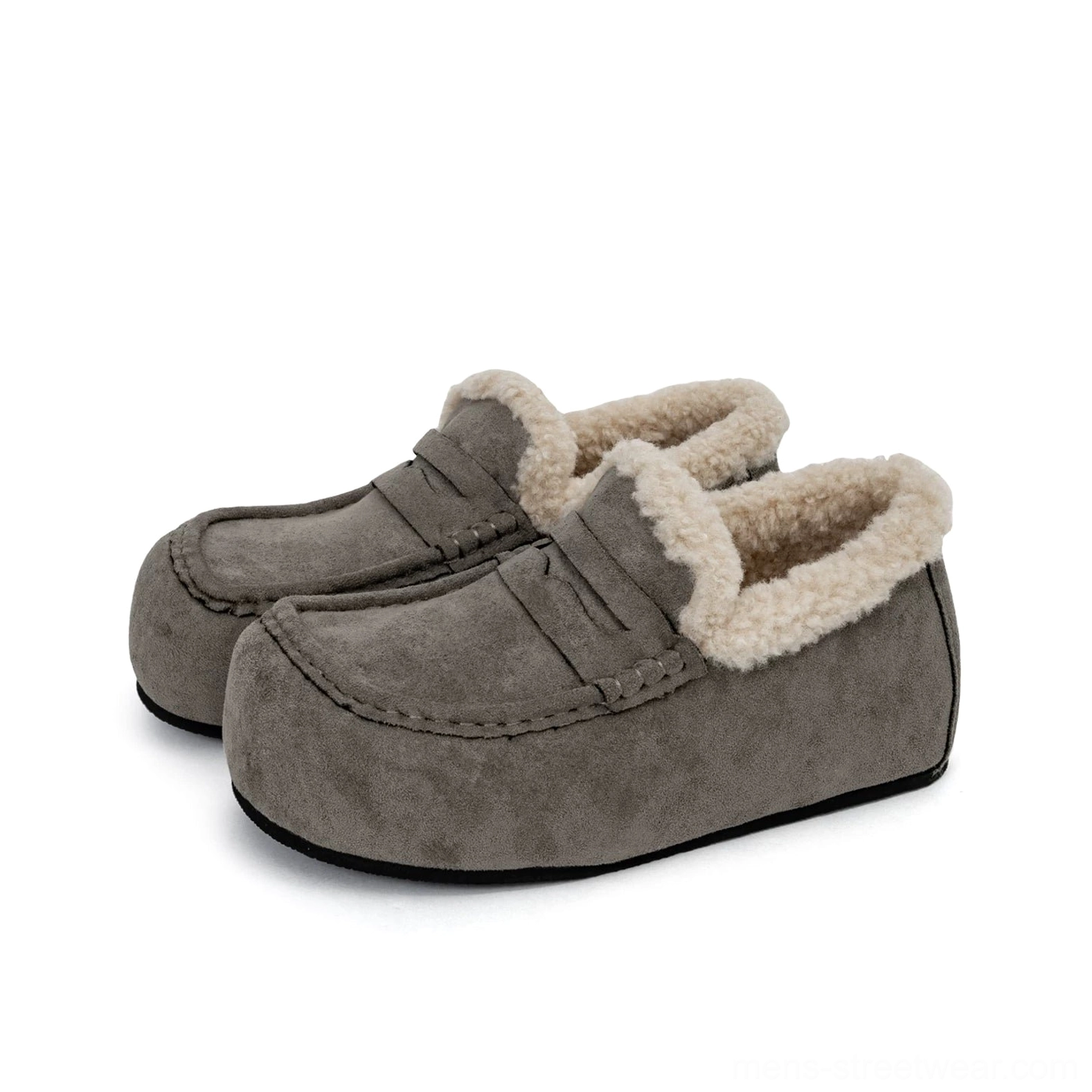 Grey shearling lined suede finish penny loafers with chunky rubber sole in three-quarter studio view