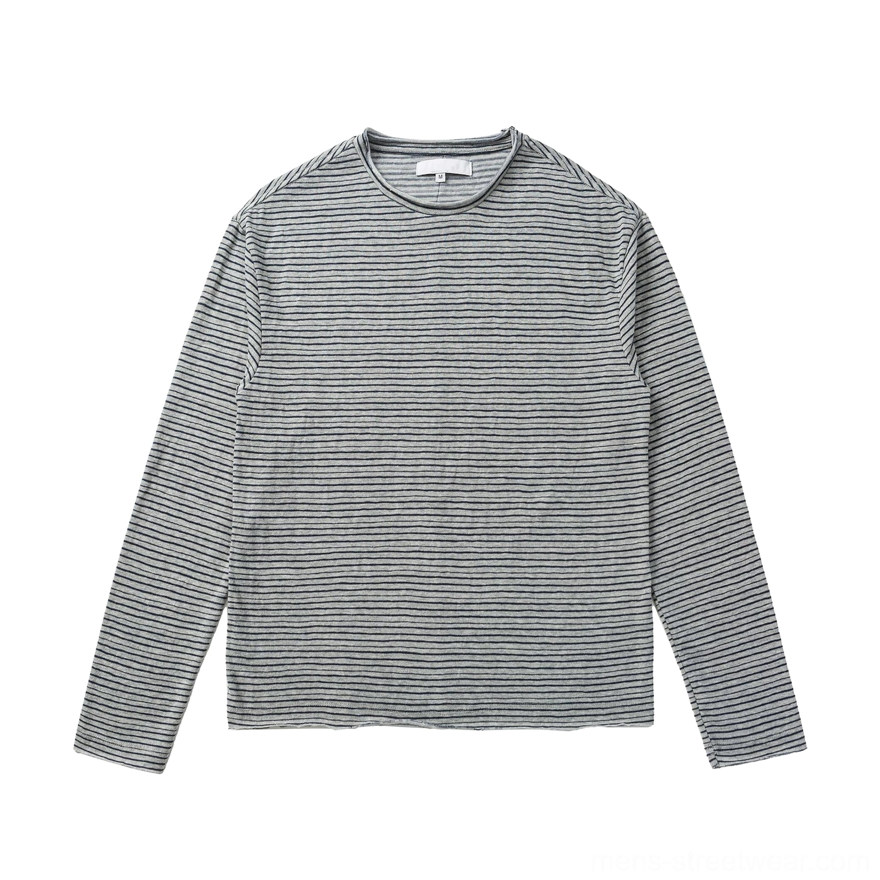 Grey stripe relaxed long sleeve tee with drop shoulder design and versatile Seoul streetwear styling