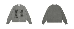 Grey tarot window graphic knit cardigan flat lay showing front graphic panels and clean heather grey back