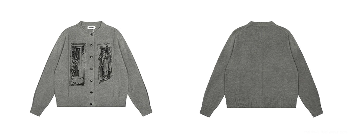 Grey tarot window graphic knit cardigan flat lay showing front graphic panels and clean heather grey back