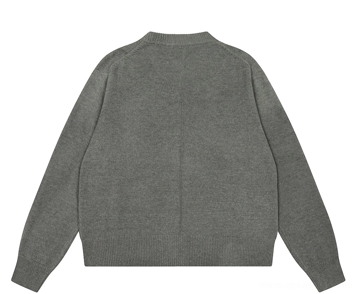 Heather grey tarot window graphic knit cardigan showcasing soft knit texture and classic crew neck construction