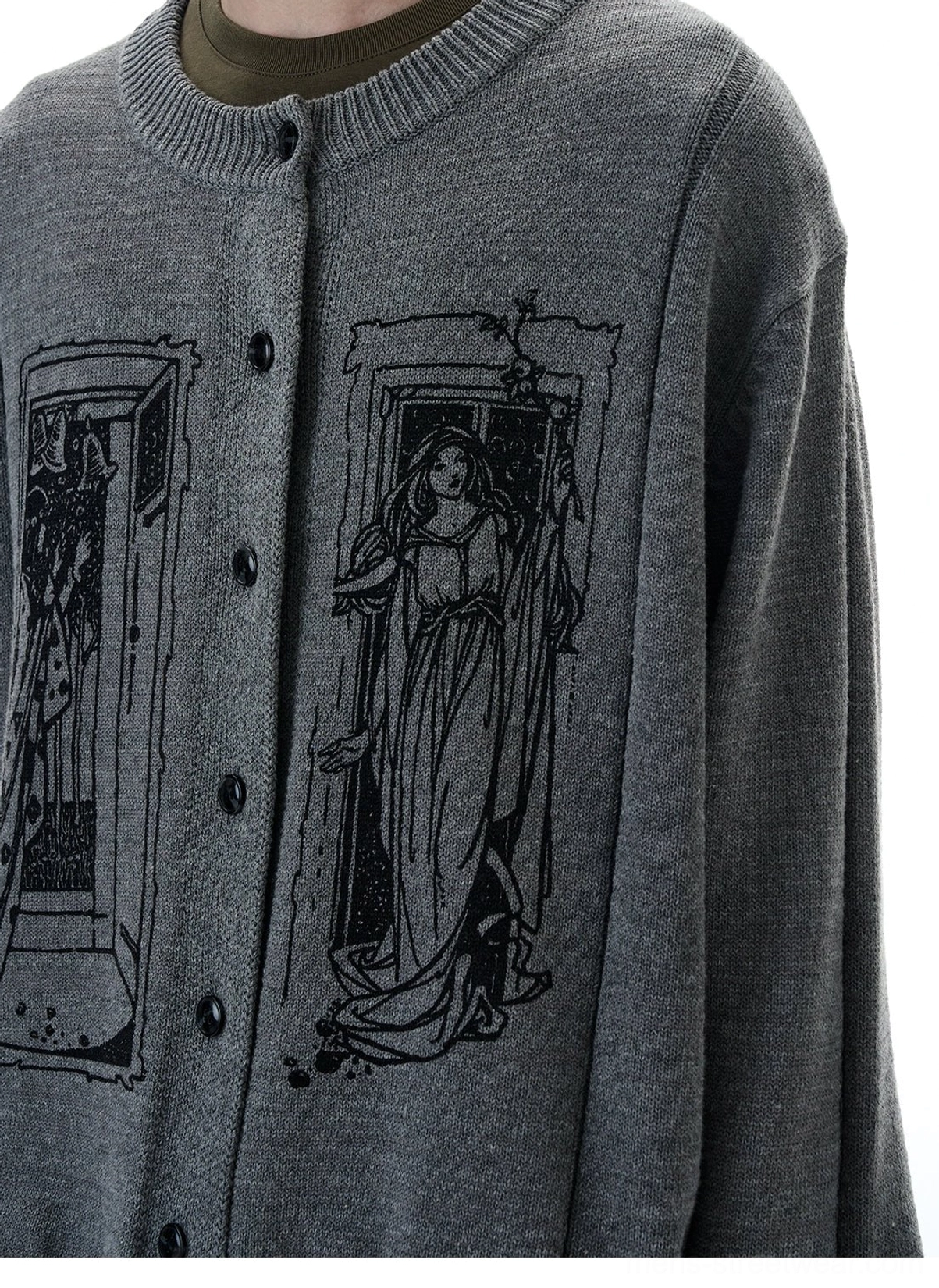 Grey tarot window graphic knit cardigan Korean streetwear layered knitwear product detail view