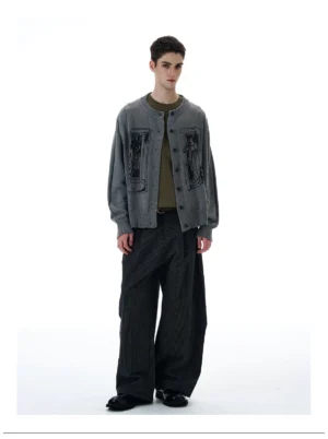 Grey tarot window graphic knit cardigan worn in a full front Korean streetwear outfit with olive T-shirt and wide-leg trousers