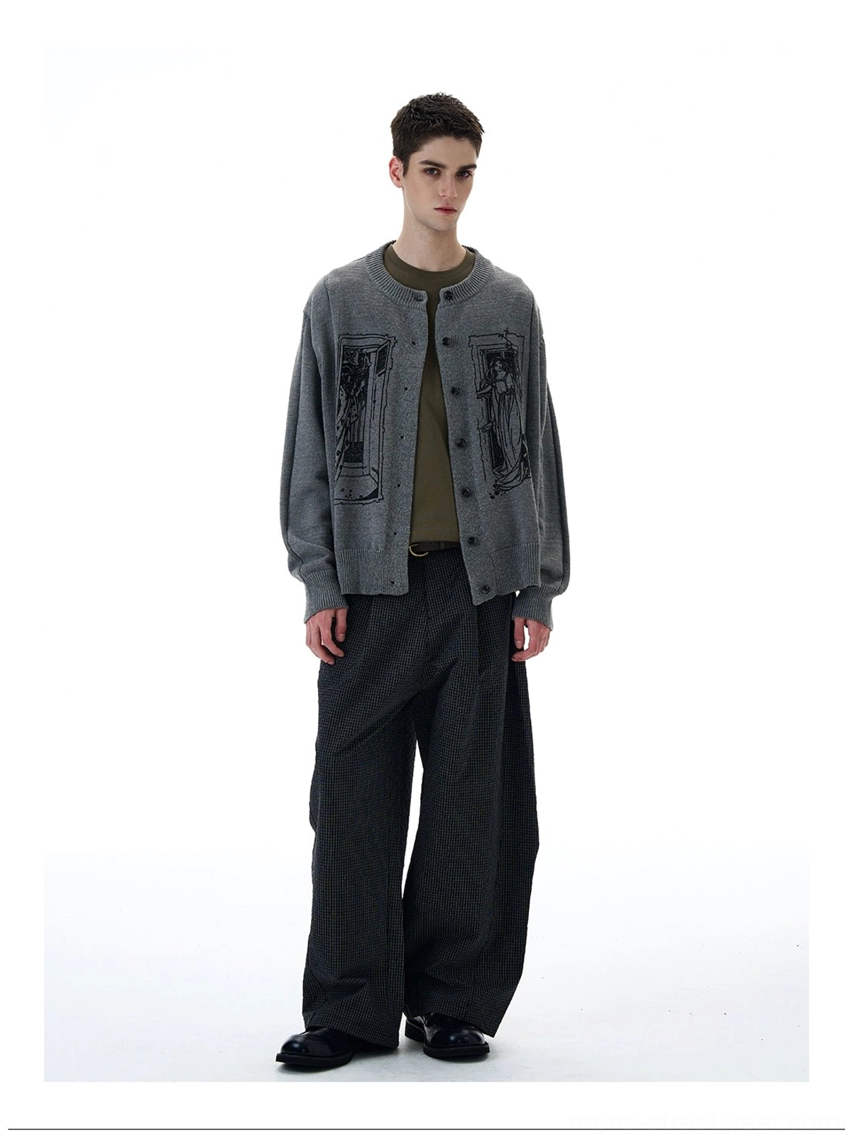 Grey tarot window graphic knit cardigan worn in a full front Korean streetwear outfit with olive T-shirt and wide-leg trousers