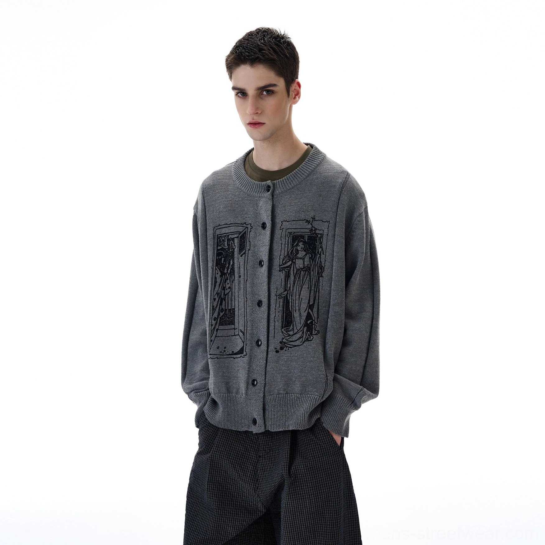 Grey tarot window graphic knit cardigan main product image for relaxed Korean streetwear styling