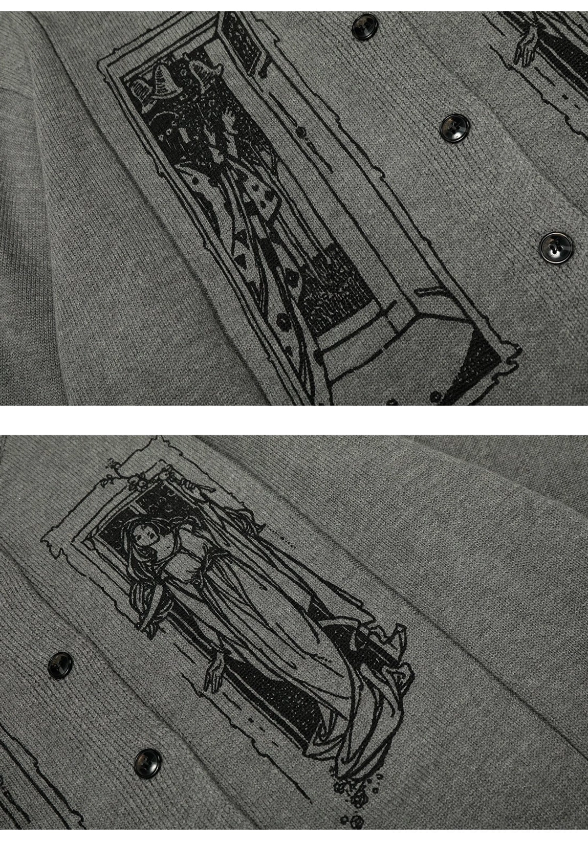 Tarot graphic button-up cardigan in heather grey with ribbed trims and artistic window print placement