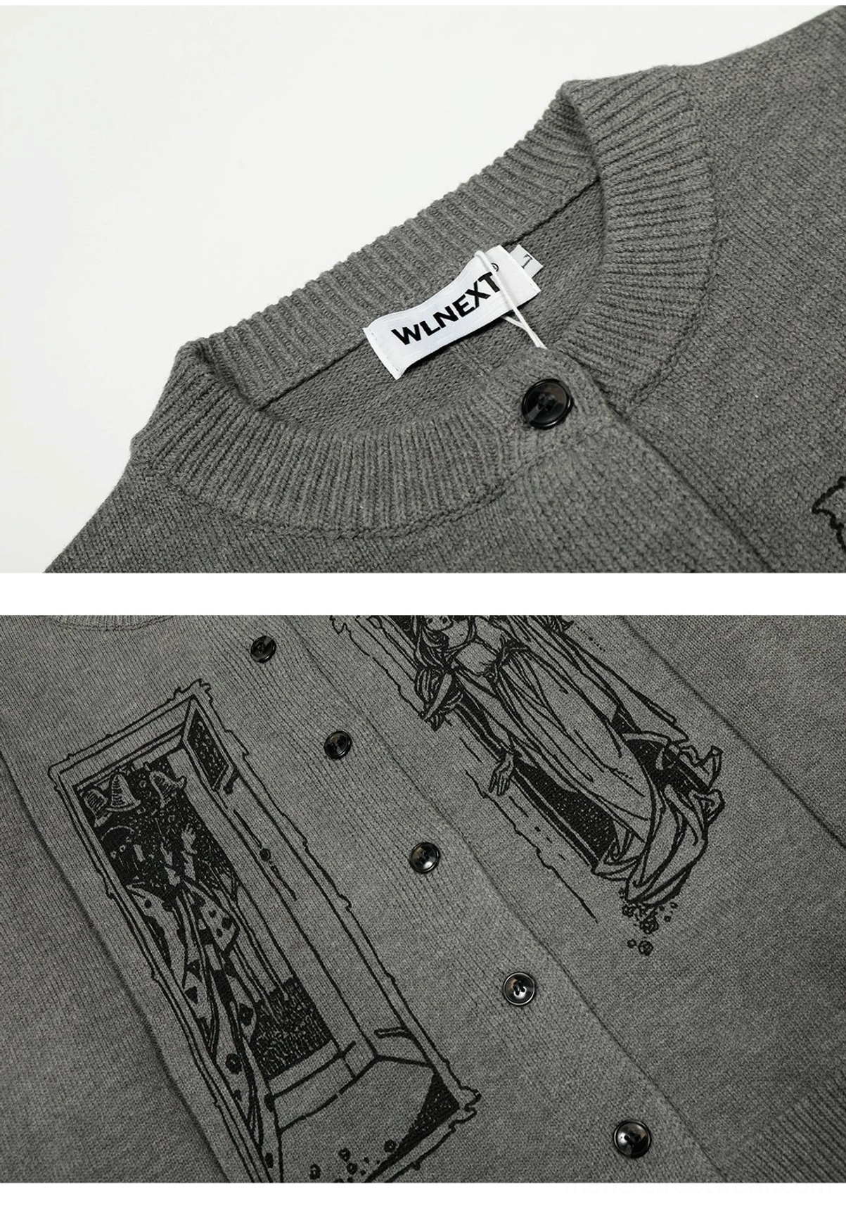 Grey tarot window graphic knit cardigan oversized-inspired silhouette for Seoul fashion and everyday layering