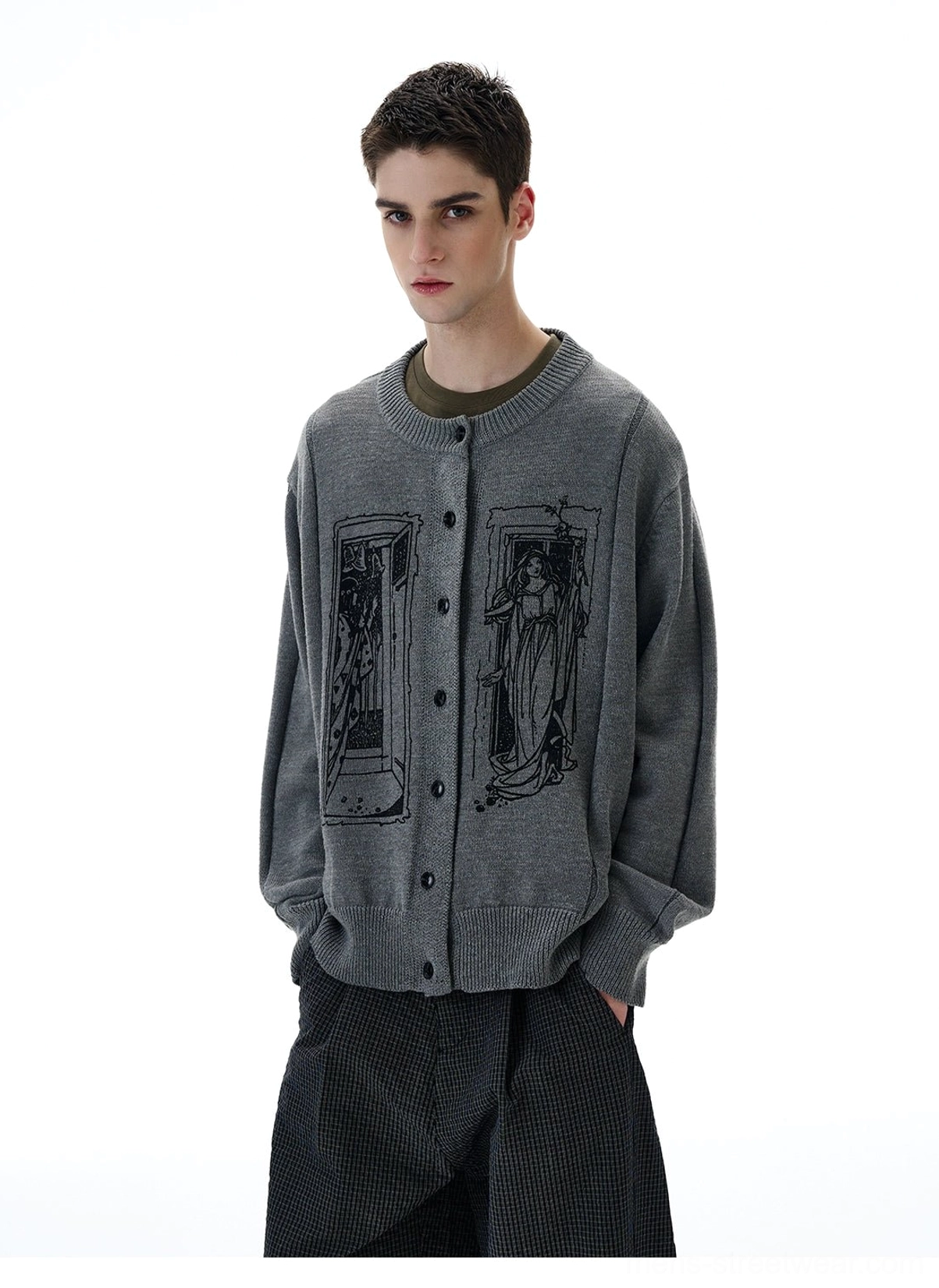 Three-quarter view of soft heather grey tarot graphic knit cardigan with vintage-inspired front window prints