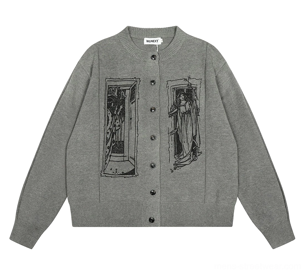Grey tarot window graphic knit cardigan with vintage-inspired front artwork and relaxed button-up fit