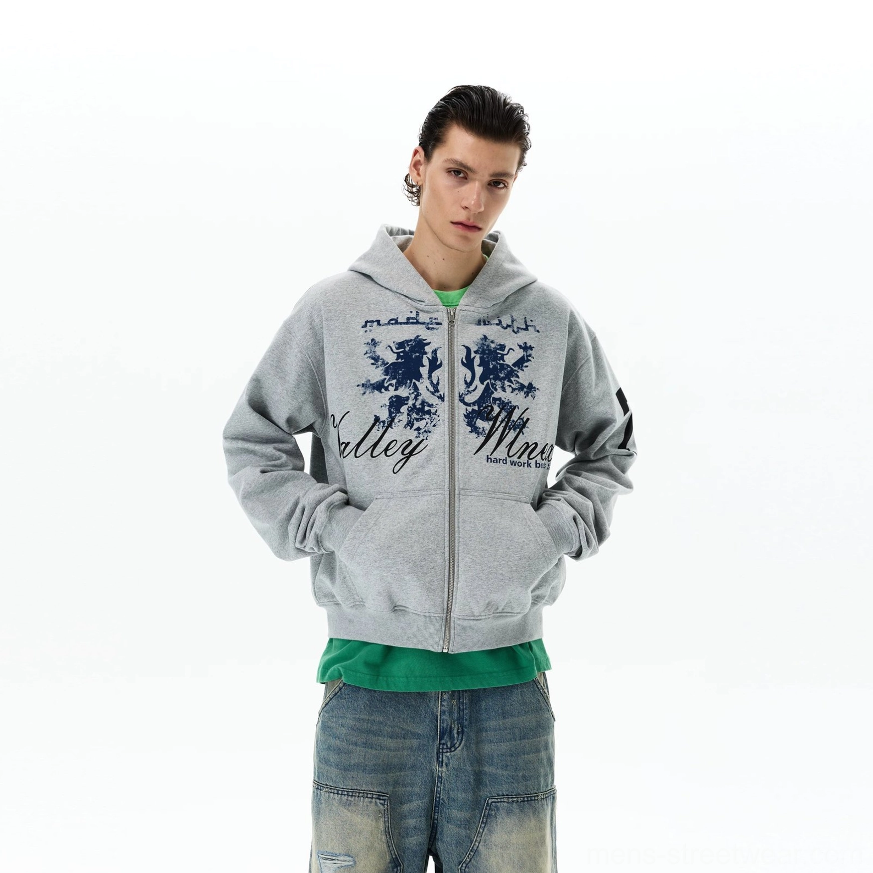 Full product view of a grey vintage crest varsity zip hoodie with distressed lion graphics, sleeve number 7, full zipper, kangaroo pockets, and relaxed streetwear fit