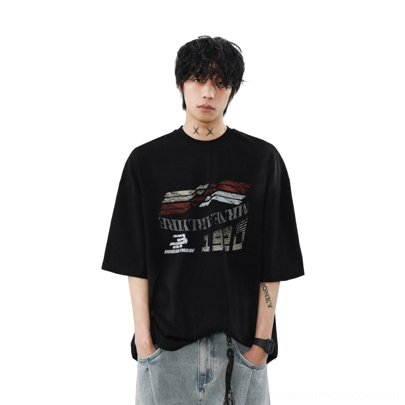 Black Gridline Drift retro motorsport oversized T-shirt with diagonal distressed racing graphic and relaxed drop shoulder fit