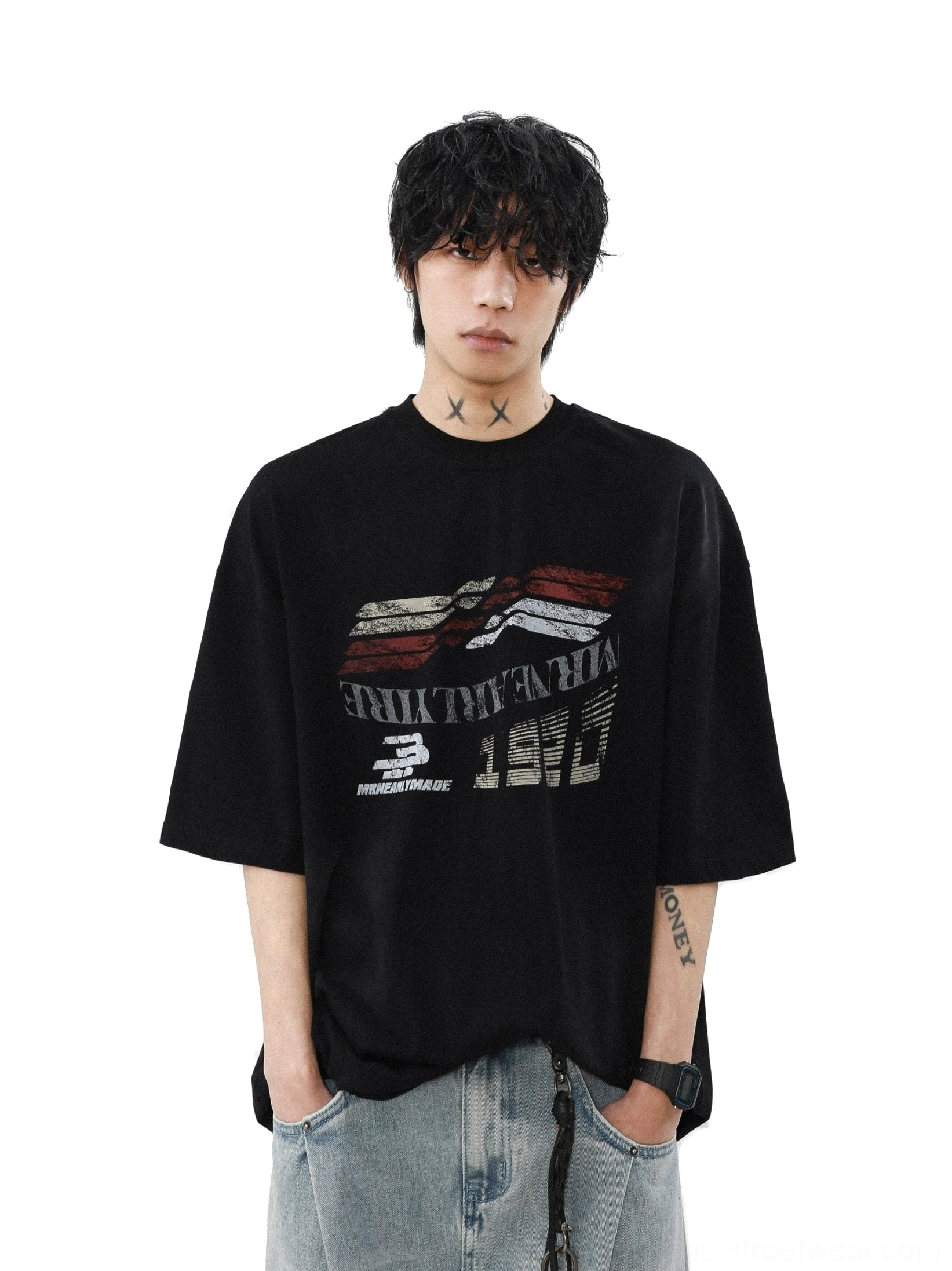 Front close-up of a black Gridline Drift oversized retro racing graphic T-shirt with distressed diagonal motorsport print and drop shoulder streetwear fit