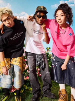 Group of friends wearing oversized graphic streetwear T-shirts in black white and rose red with minimal front slogan details