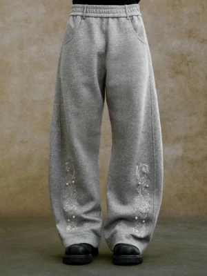 Heather gray baroque pearl embroidered wide-leg sweatpants front view featuring elastic waistband side pockets and floral embroidered legs