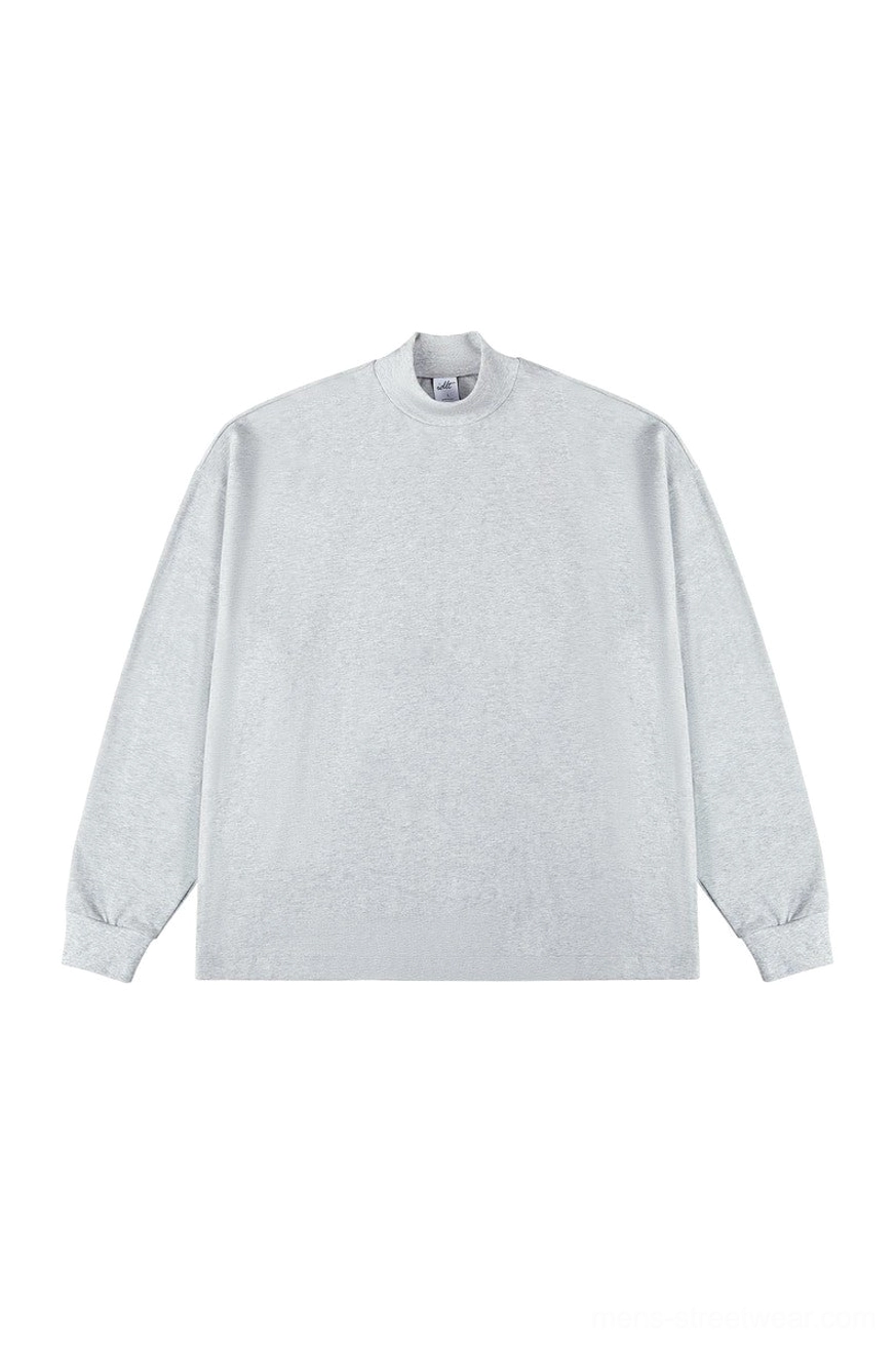 Heather gray cotton mock neck long sleeve streetwear T-shirt with relaxed oversized fit