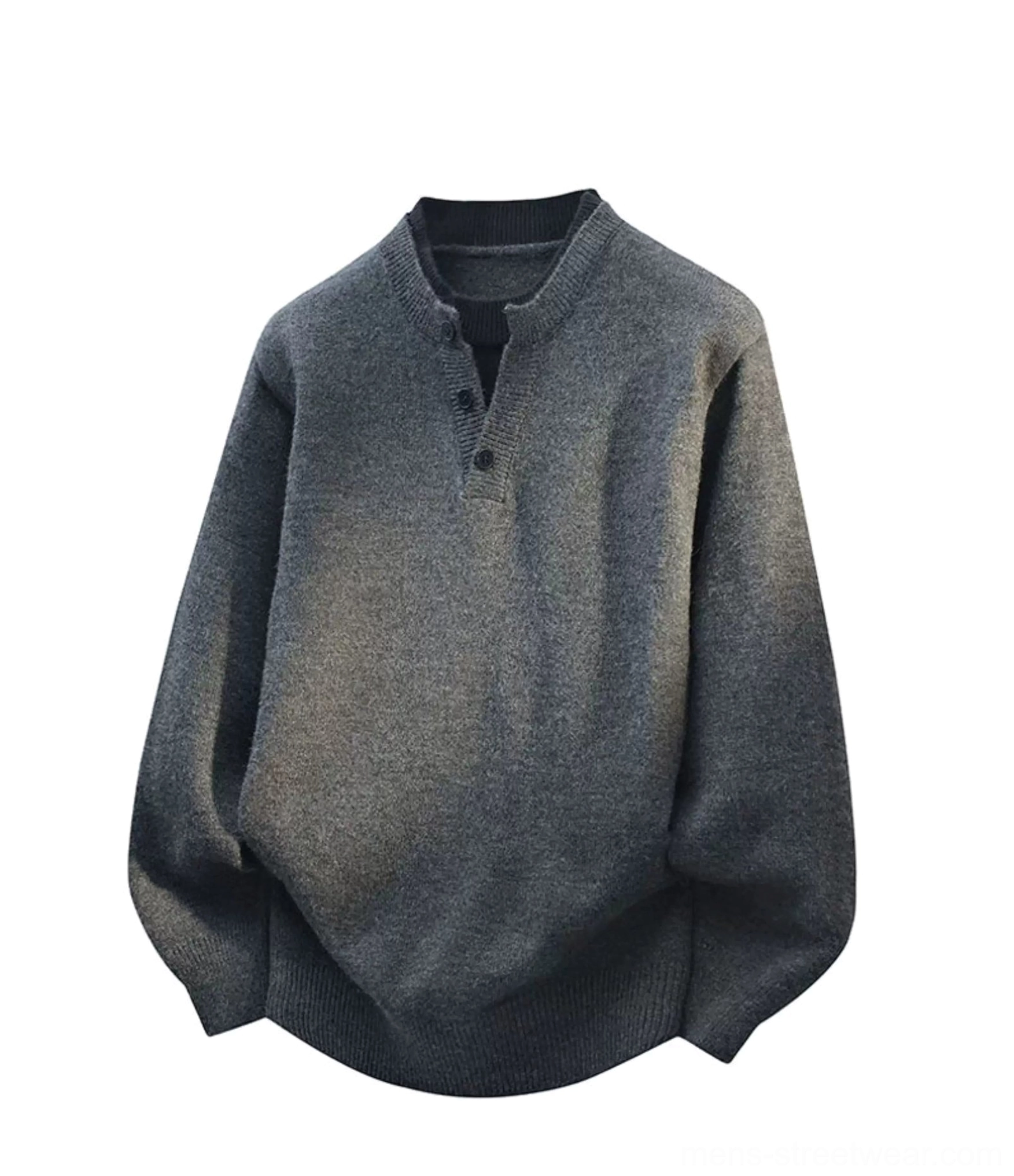 Heather gray Henley neck knit sweater with buttoned front placket, textured ribbed knit fabric, and casual streetwear fit