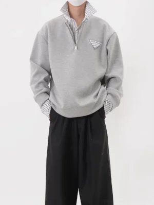 Heather gray Korean streetwear half-zip layered collar sweatshirt with striped shirt collar and cuffs styled with black wide-leg trousers