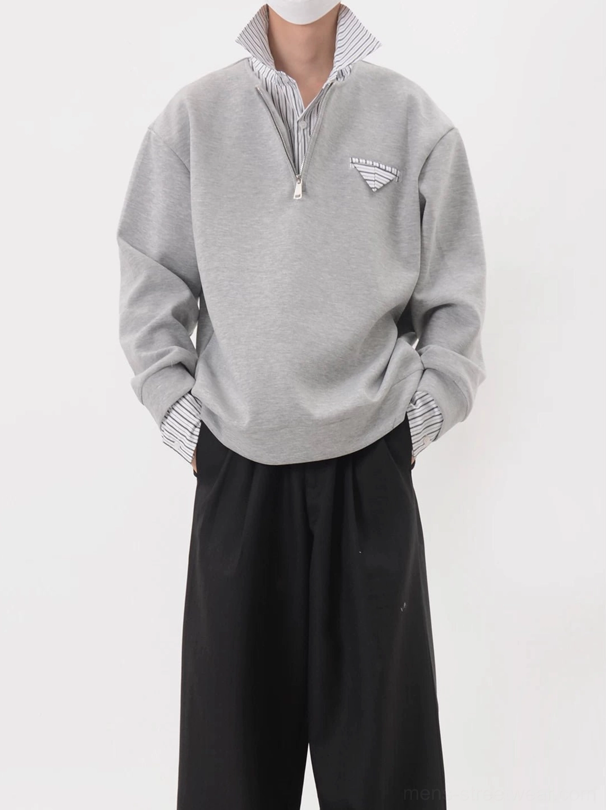 Heather gray Korean streetwear half-zip layered collar sweatshirt with striped shirt collar and cuffs styled with black wide-leg trousers