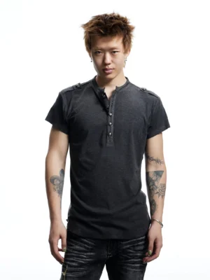 Men's heather gray Korean streetwear Henley T-shirt with short button placket, shoulder epaulets, slim fit, and short sleeves shown in a full front studio view