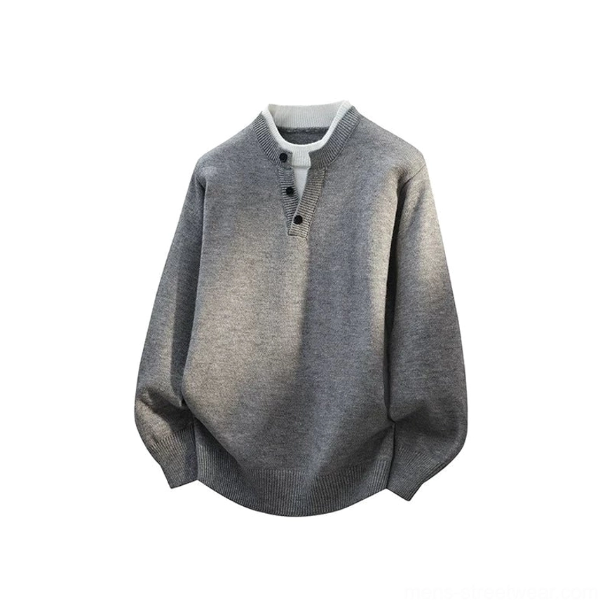 Heather gray layered Henley sweater with contrasting white inner collar, double button placket, and relaxed knit construction