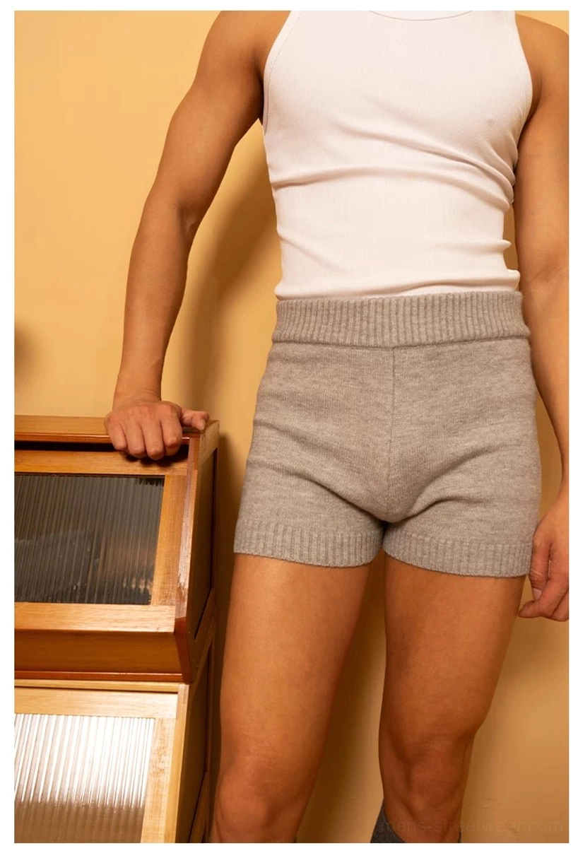 Front view of heather gray men's ribbed knit lounge shorts with clean textured fabric and supportive high waistband