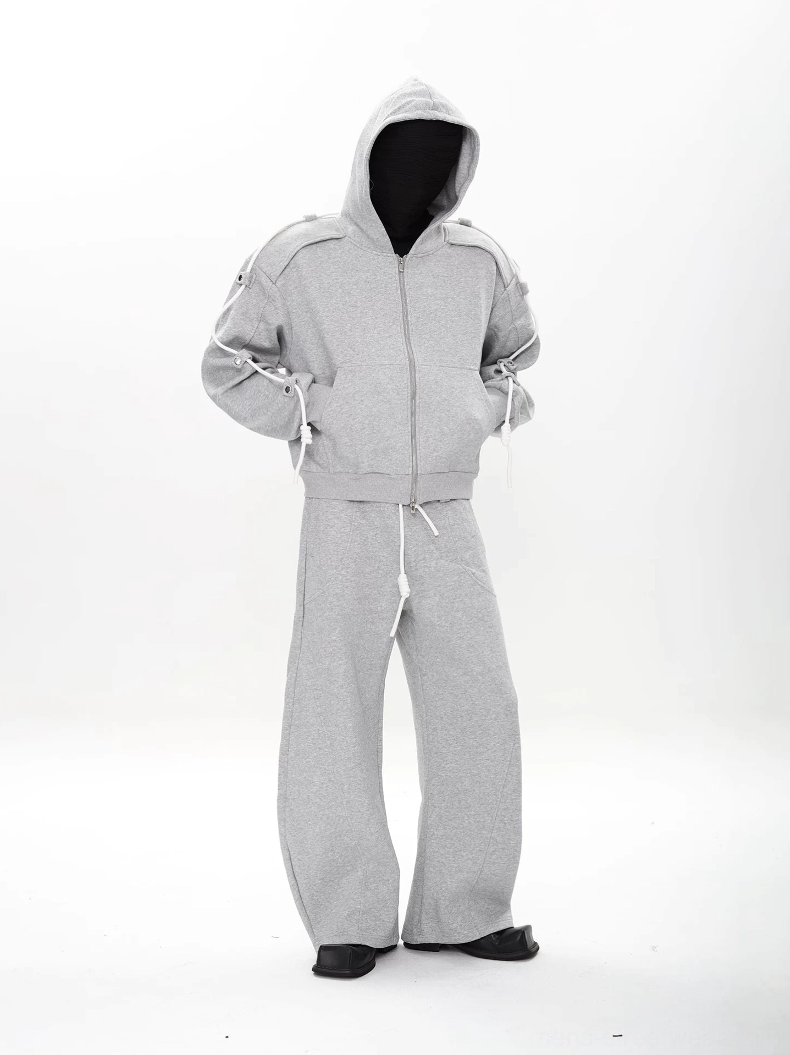 Heather gray modular zip hoodie and wide-leg sweatpants matching set shown from the front with relaxed cropped streetwear fit