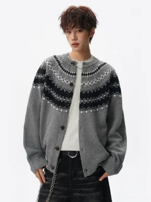 Heather gray Nordic Fair Isle yoke knit cardigan for men shown in a front full-body studio view