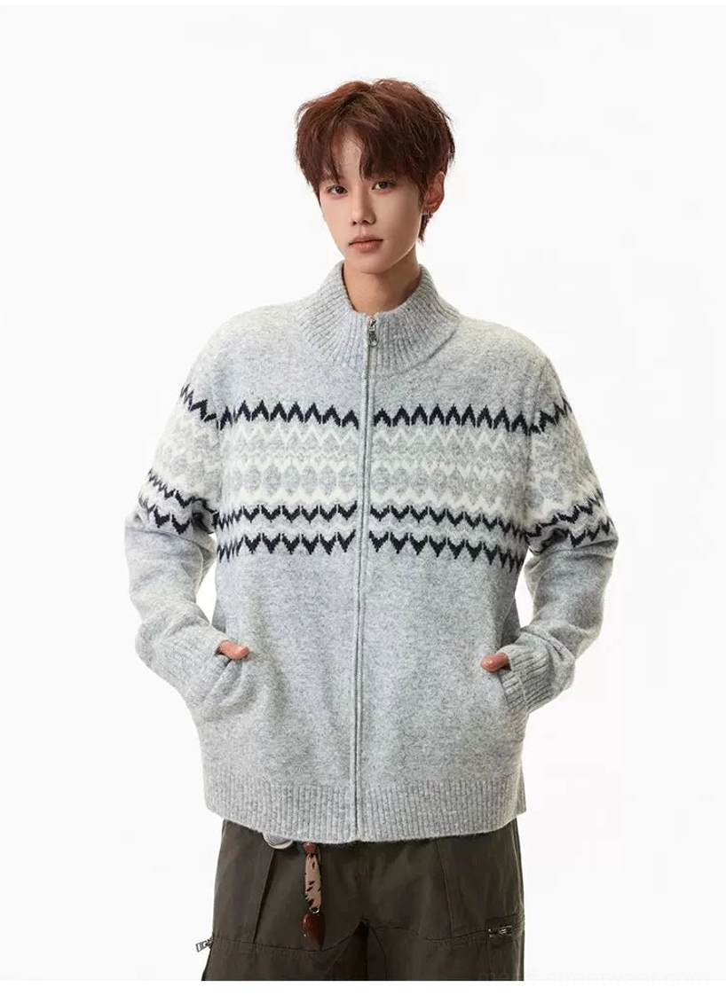 Heather gray Nordic Fair Isle zip-up cardigan front view showing ribbed cuffs, ribbed hem, stand collar, and relaxed streetwear silhouette